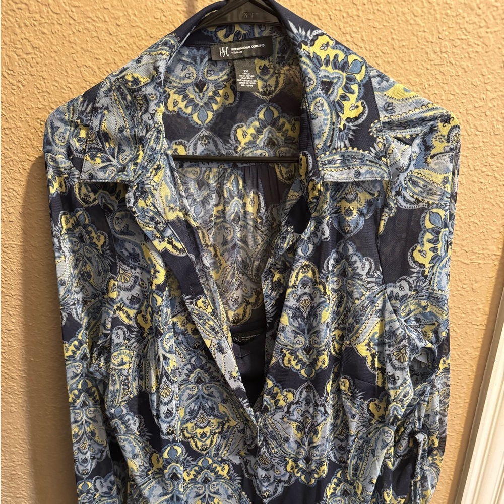 INC International Concepts Paisley Blues Sheer Long Sleeve Top